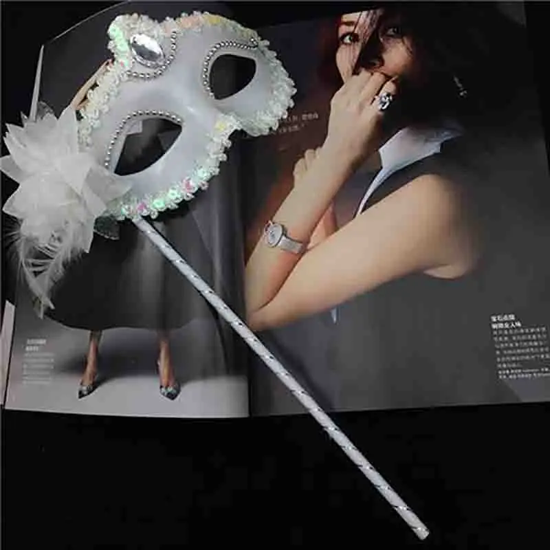 Women Handheld Masquerade Masks White Lace Veil Translucent Half Face Mask On Stick Side Feather Flower Festival Costume Party