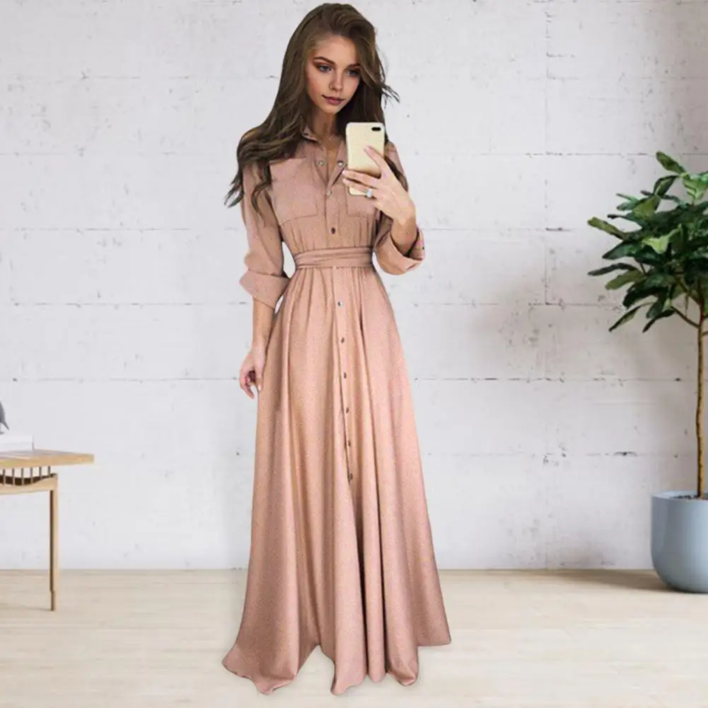 

Cut Dress Elegant A-line Lapel Long Dress with Button-down Lace-up Detail Slim Waist Pleats for Women Stylish Fall Spring Shirt