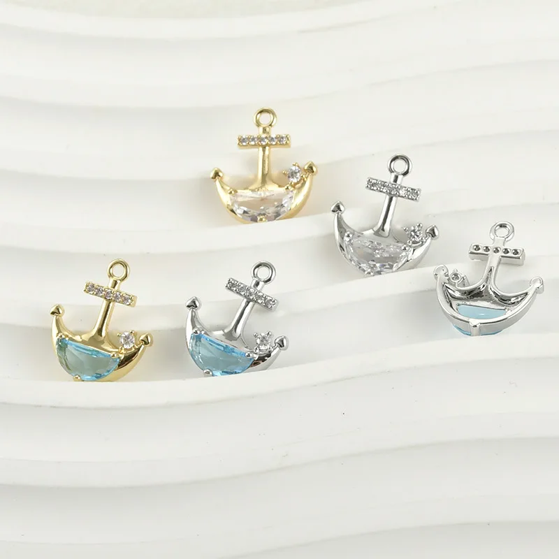 14k Gold Color Seawater Blue Anchor Crystal Zircon Pendant DIY Handmade Bracelet Necklace Earrings Accessories Material