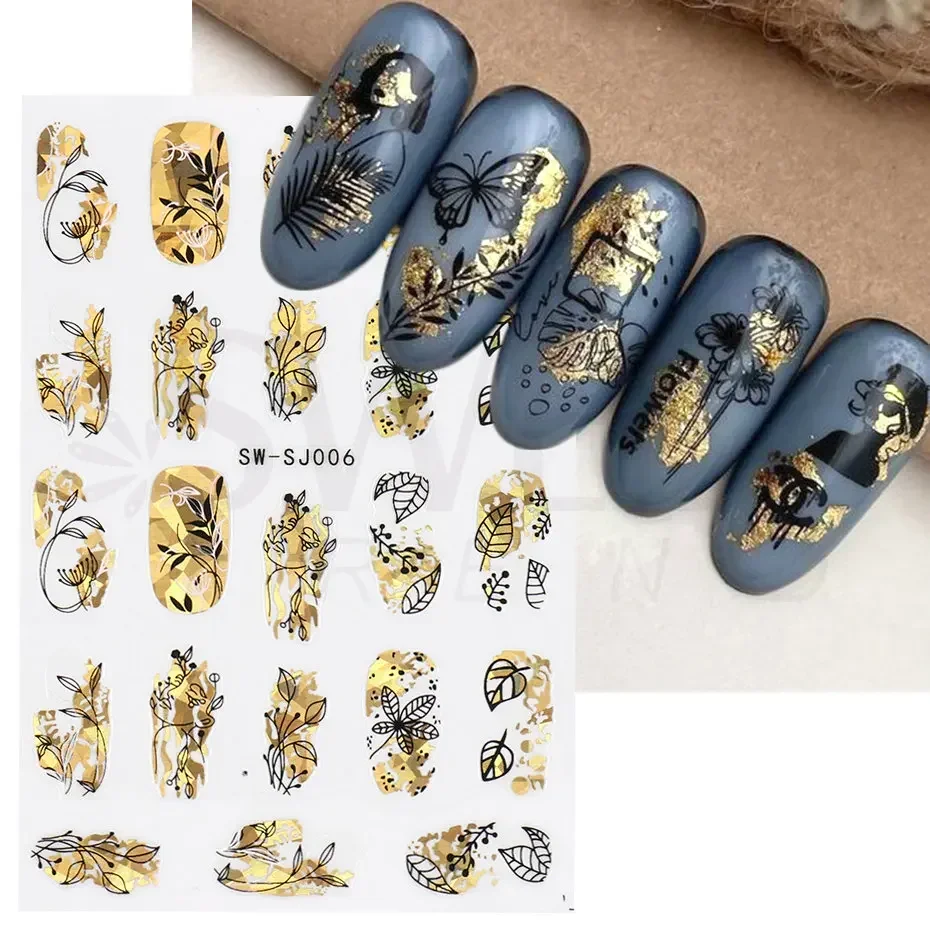 3D Laser Black Gold Snake Nail Sticker Leaf Abstract Face Graffiti Tattoo Manicure Decoration Self Adhesive Nail Sliders BESW-SJ