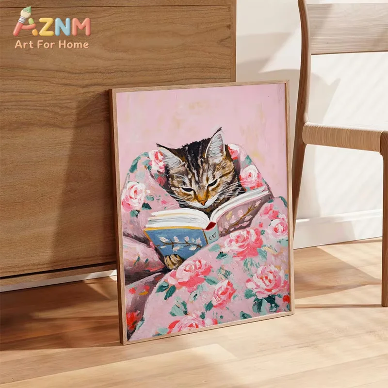AZNM Tabby Cat Reading Book Canvas Wall Art Frameless Print, Pink Floral Blanket Kitten Oil Painting Style Poster, Cute Home Dec