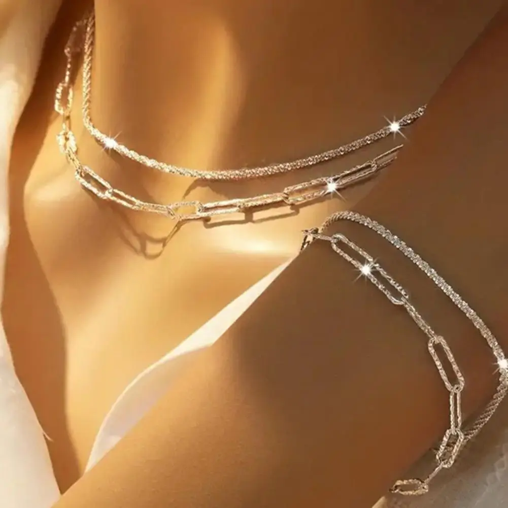 Stackable Jewelry 4 Pcs Women Jewelry Set Double-layered Necklace Bracelet Hollow Out Chain Adjustable Length for Banquet