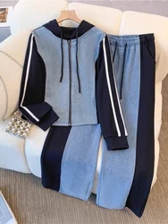 Casual Pant Sets Women Denim 2 Pieces Set Fashion Long Sleeve Hooded Top Drawstring Wide Trousers 2024 Autumn Lady Suit