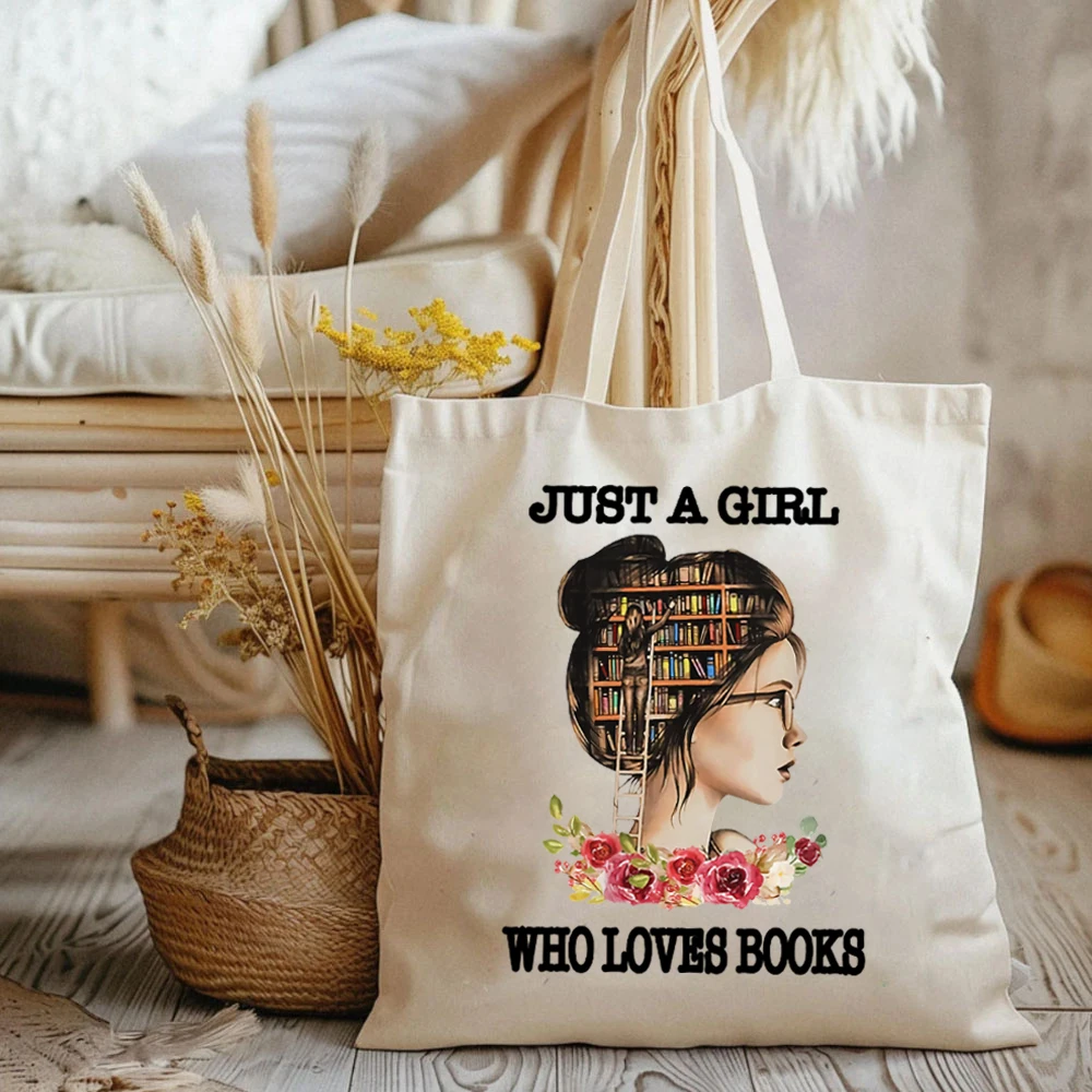 Just A Girl Who Loves Books Tote Bags Gift for Book Lover bag Women's Handbag Graphic Bags Canva Tote Bag Reading Party Bookworm