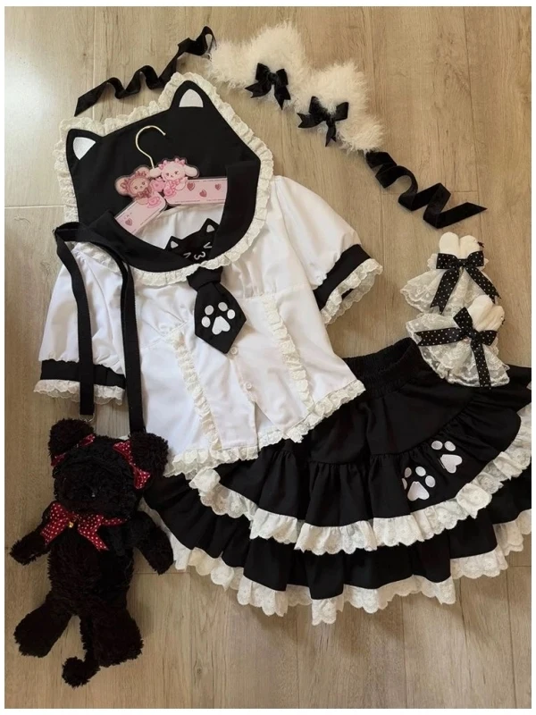 

Милый комплект из двух предметов: топ с коротким рукавом и принтом, юбка-кейк с кружевом, в студенческом стиле, модный летний наряд для девочек, полиэстер