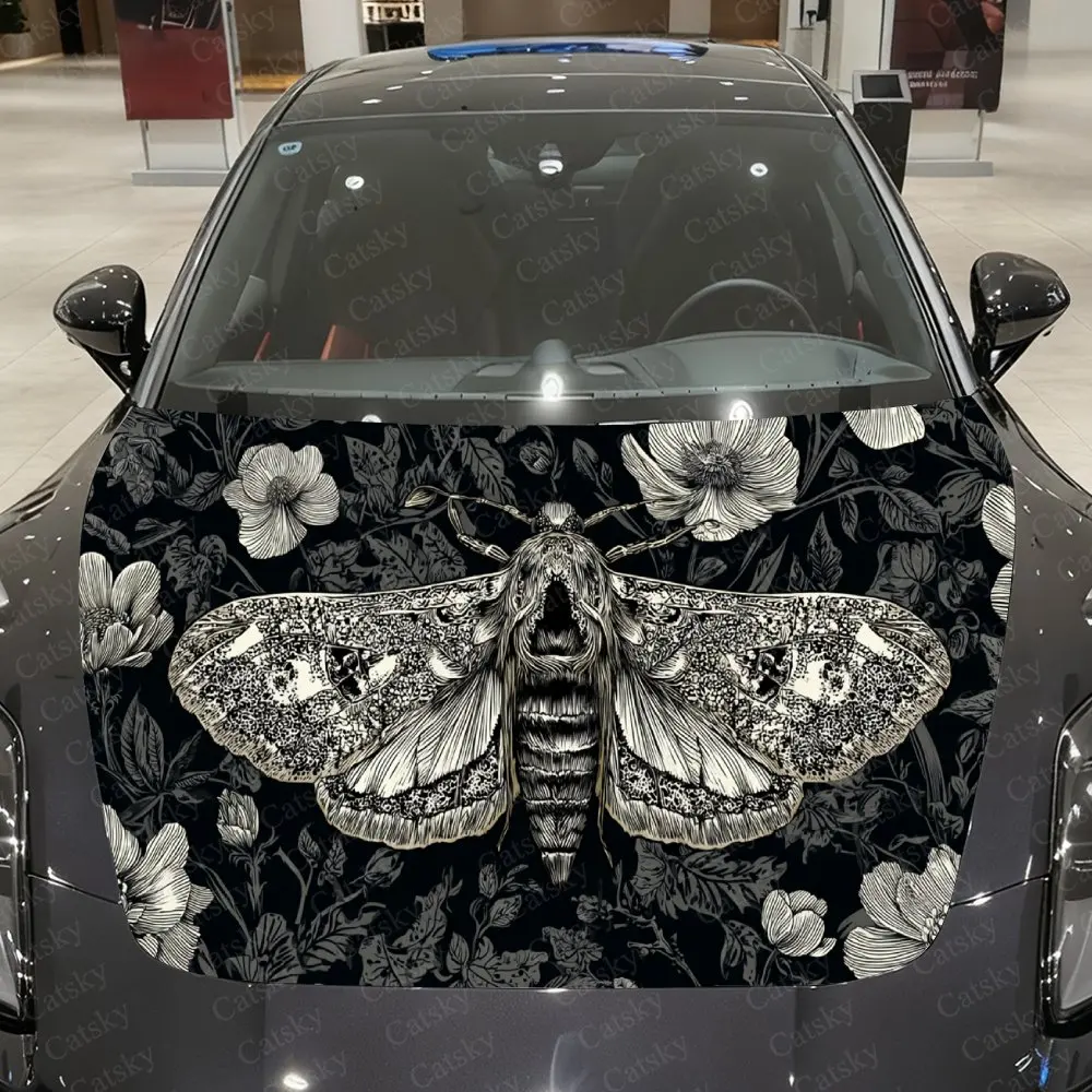 Car Decal Moth Amidst Floral Pattern, Creating a Mysterious and Vintage-Gothic Visual Car Hood Sticker, Waterproof Self - Adhesi