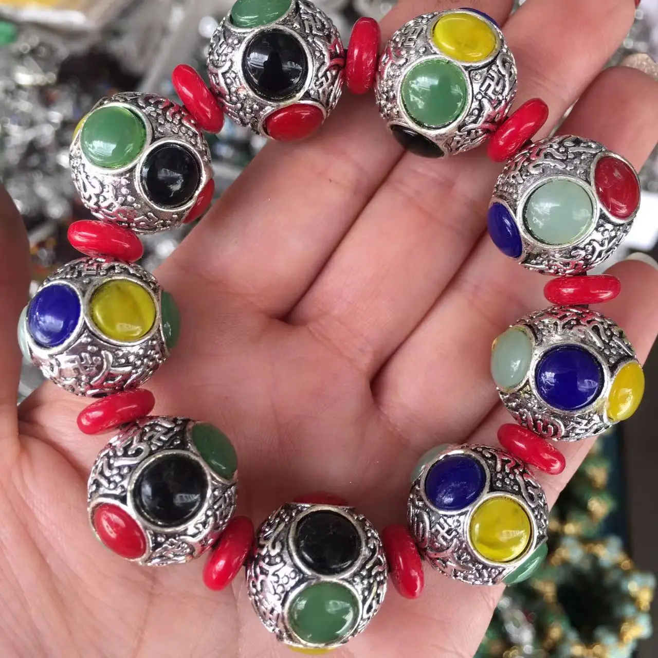 Tibetan jewelry, stationery, and play. Silver imitation red, blue, emerald, gemstone inlaid bracelet. Miao silver inlaid bracele