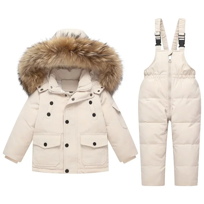 -30 Degree Russian Winter Boy 2PCS Clothes Set Waterpoof Real Fur Down Jacket Baby Girl Winter Overalls 1-5 Year Kids Snowsuit