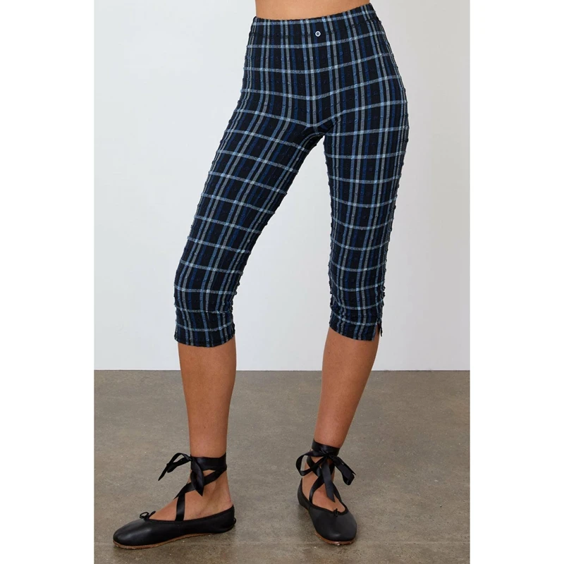 Womens Y2K Vintage Solid/Plaid Textured Pattern Cropped Leggings Elastic High Waist 3/4 Length Slim Pants with Side Split Hem