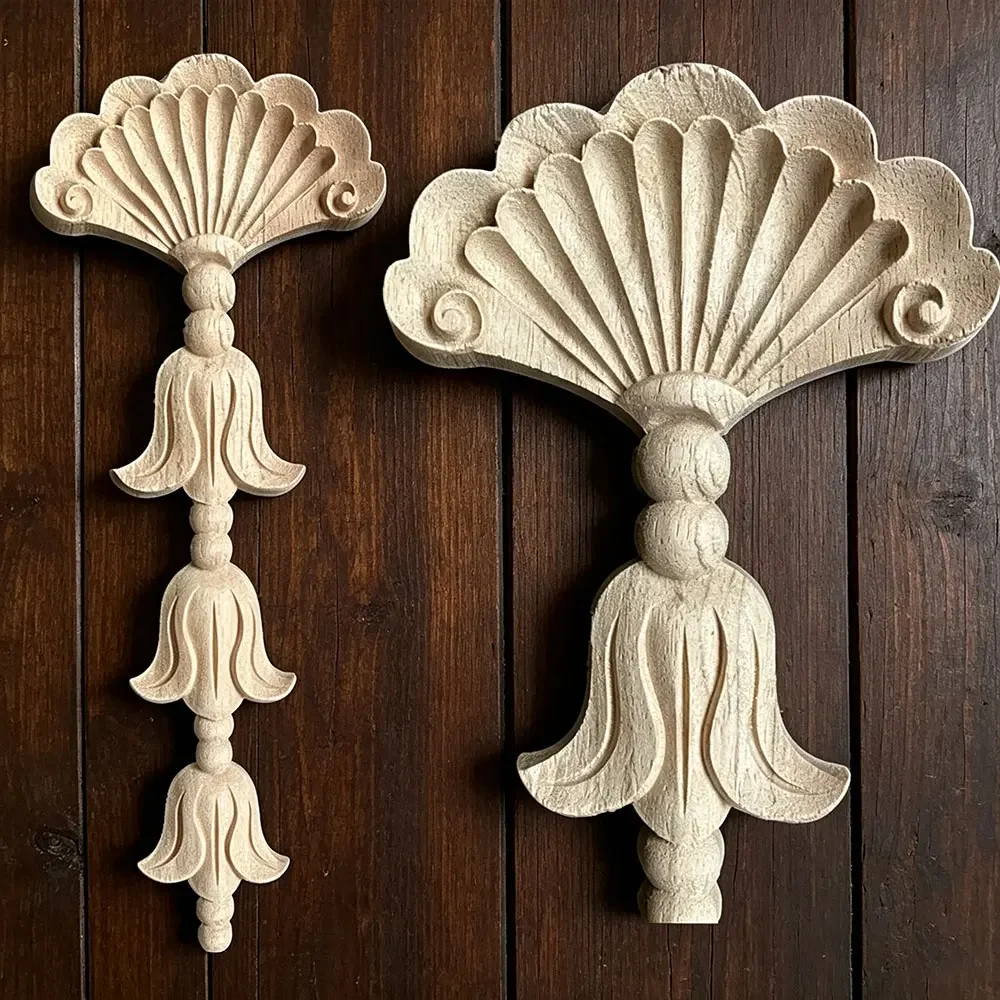 2PCS 30cm Furniture Wooden Applique Onlay Natural Floral Wood Carved Figurines Crafts Corner Frame Wall Door Woodcarving Decor
