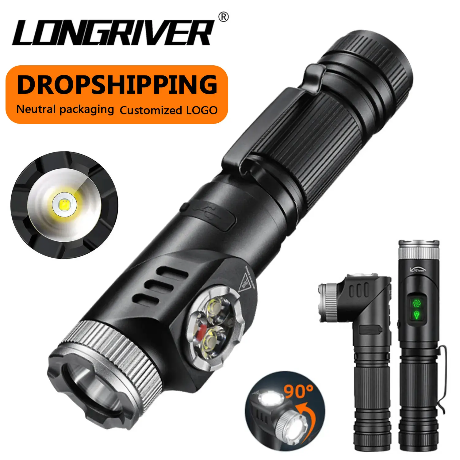 LONGRIVER F30X Rotating Flashlight 2000LM SST40 Powerful Light USB Rechargeable Torch for Outdoor Camping Magnetic Work Light