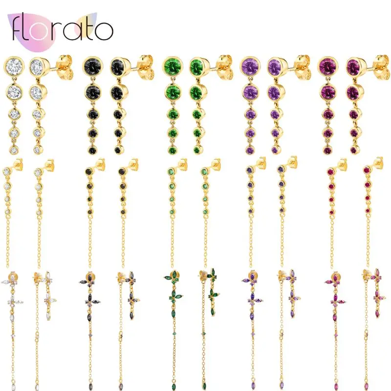 

925 Sterling Silver Needle Colored Crystal Long Chain Tassel Stud Earrings For Women Charm Dangle Korean Earrings Luxury Jewelry