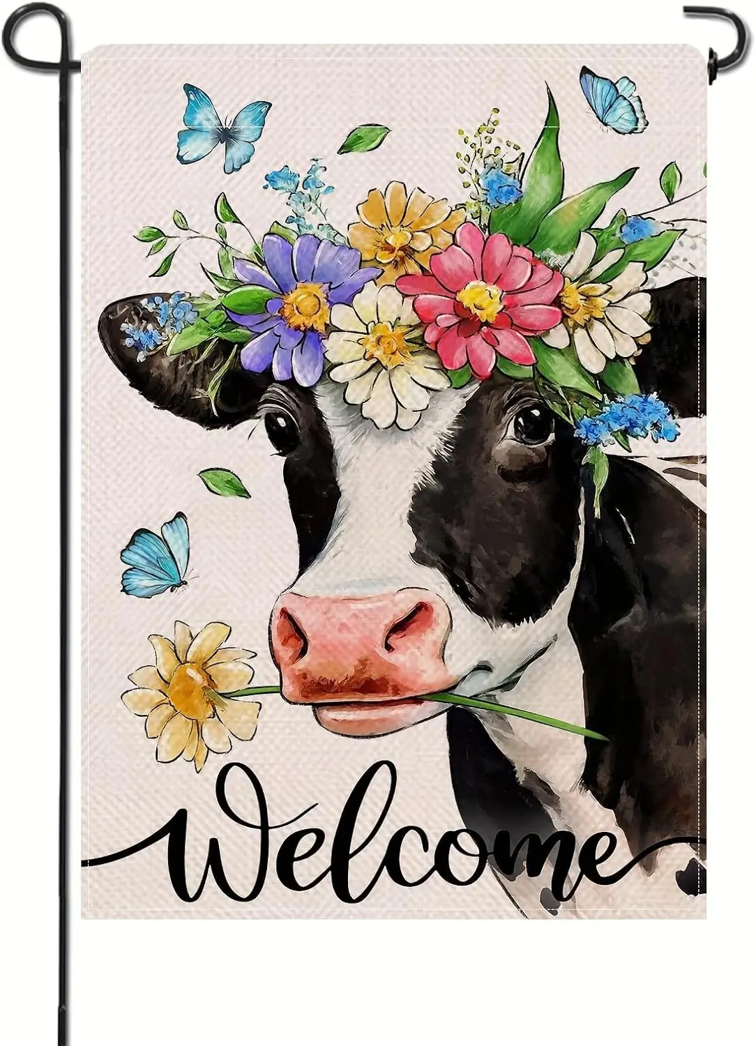 Spring Welcome Cow Garden Flag 12 x 18 inch Double Sided Outside decorations,Funny Cute Animal Flower Butterfly Small Garden Fla