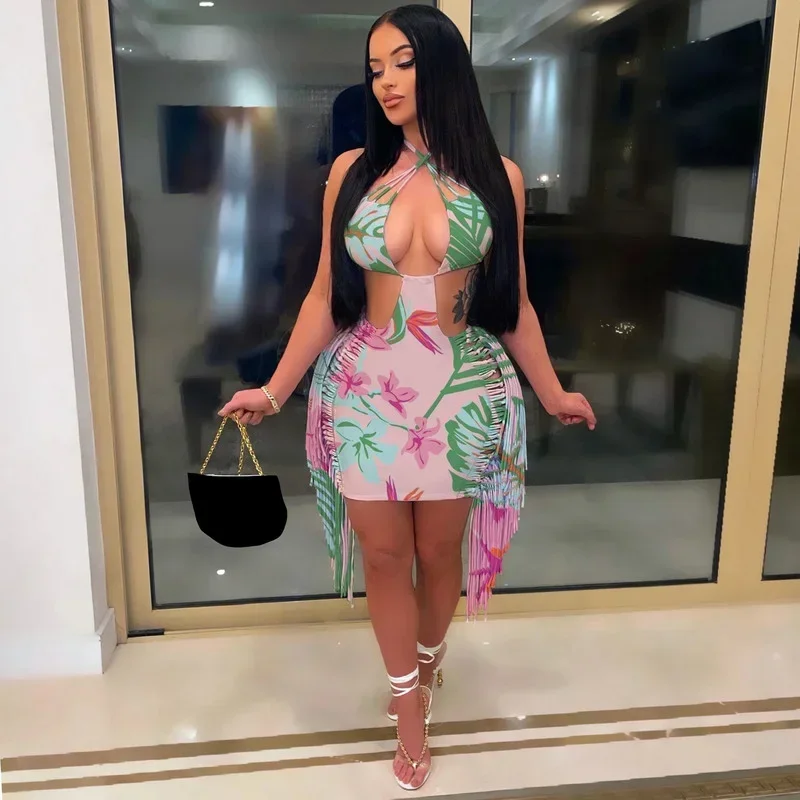 Guwu-ミニドレス,ホルターネック,フリンジ,ホルターネック,ホルターネック,ホルタートップ,リーフプリント,タイト,ビーチウェア,パーティークラブドレス,新しいファッション