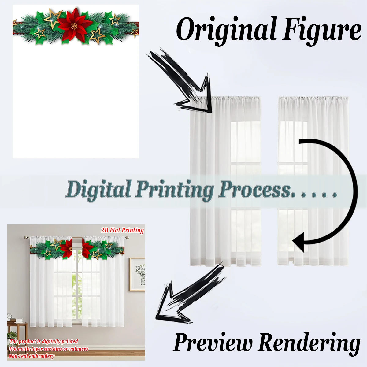 ستارة شفافة للمطبخ بطباعة مسطحة لعيد الميلاد مع برج البونسيتة لعيد الميلاد لحفلات ديكور المنزل في عيد الميلاد