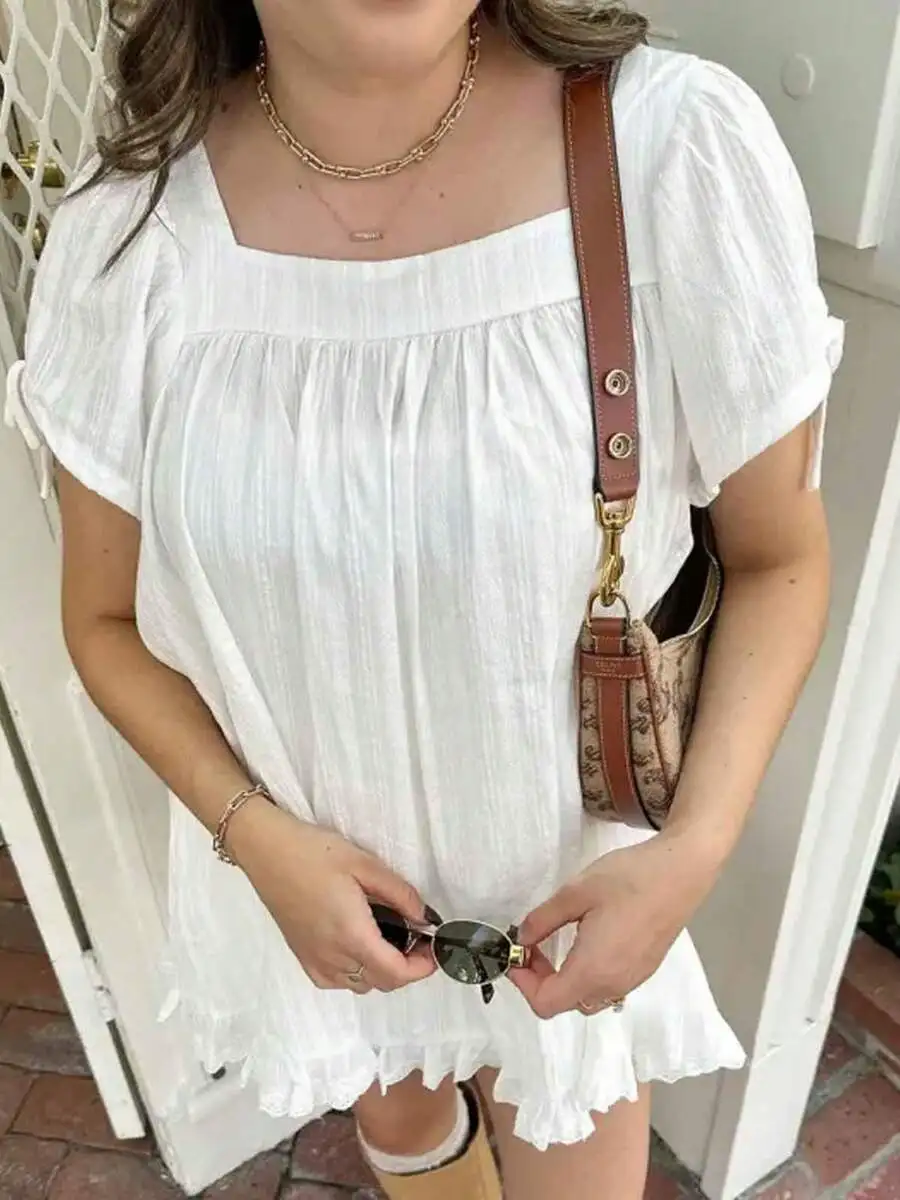

White Square Neck Short Puff Sleeve Mini Dress With Ruffled Hem, Y2K Fairycore A-Line Summer Party Outfit