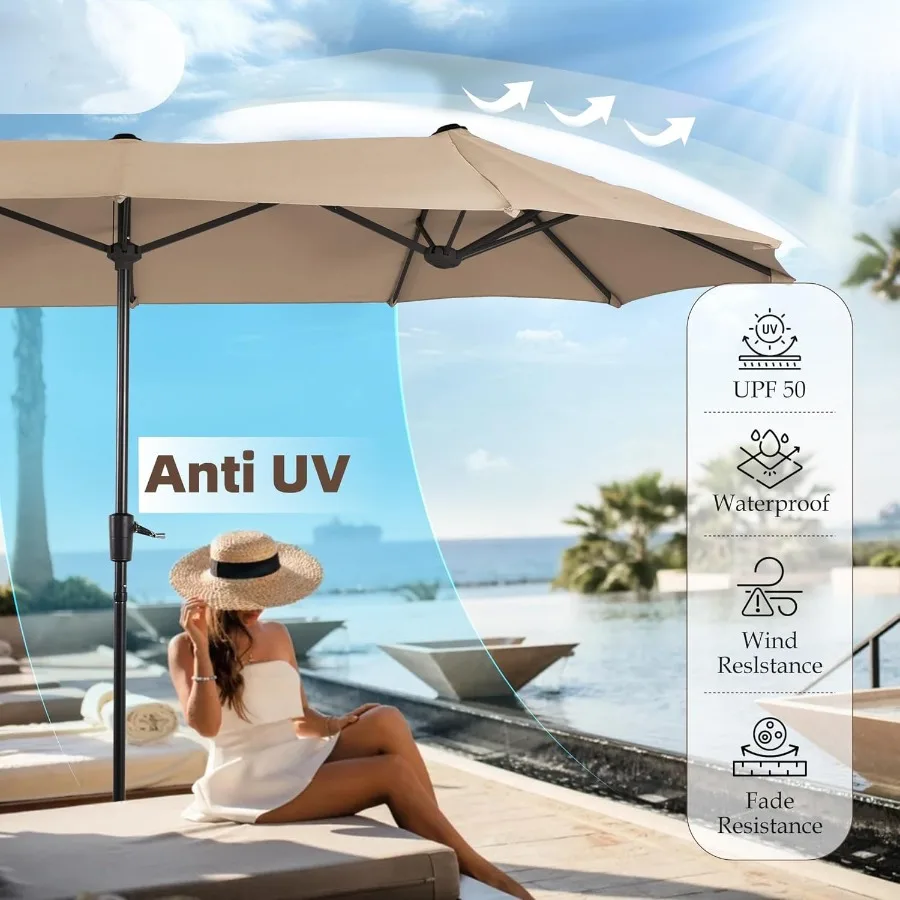 13 ft Outdoor Patio Umbrella Large Rectangular Double Sided Market Table Twin Umbrellas with Crank Handle for Deck Pool Beige P