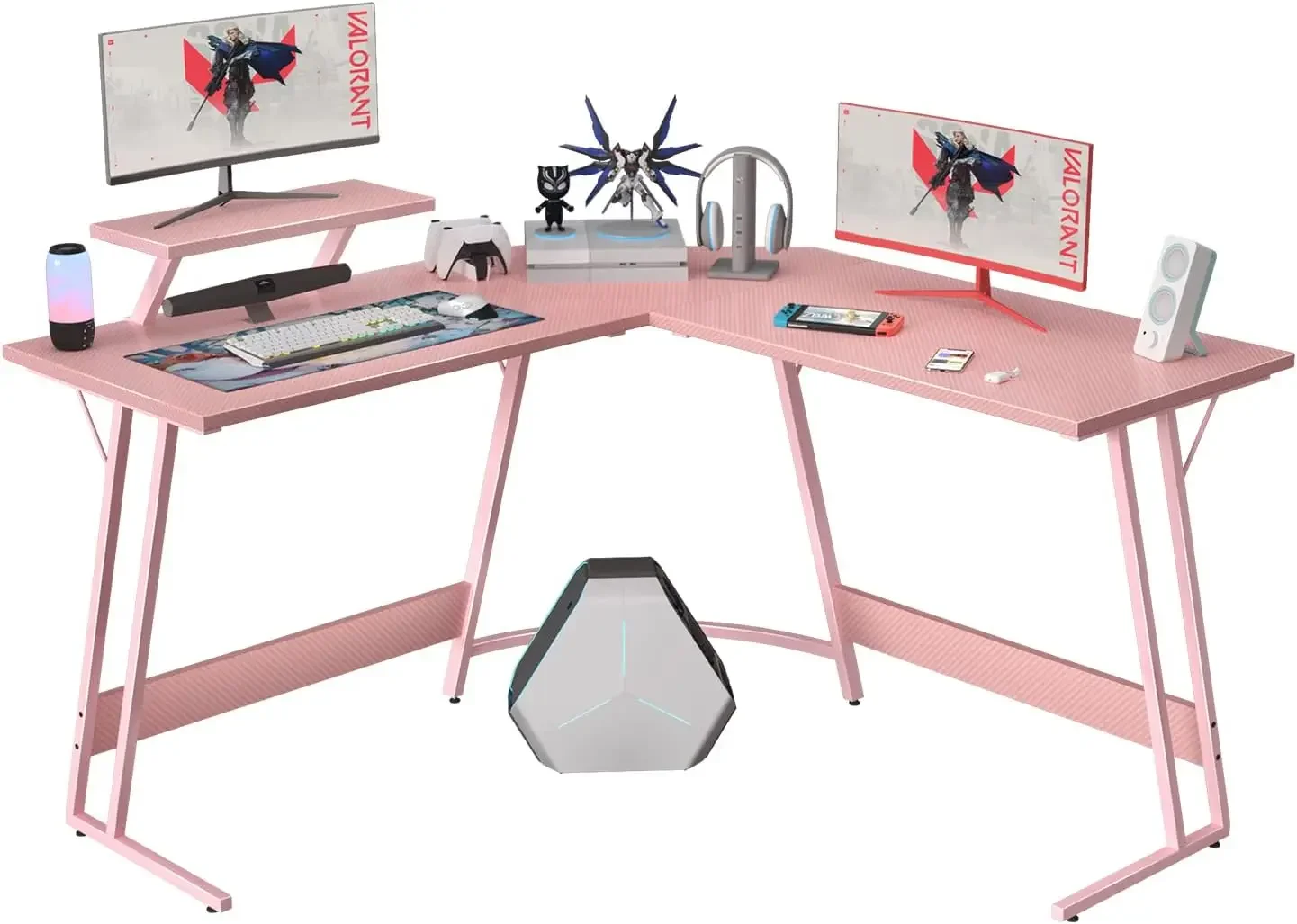 HOT L Shaped Gaming Desk Computer Corner Desk PC Gaming Desk Table w/ Large Monitor Riser Stand for Home Office (Pink, 51 Inch)