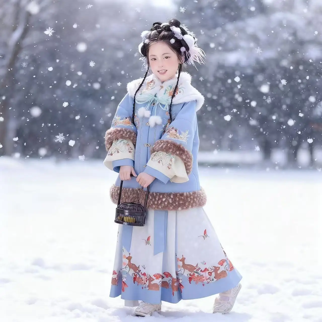 

Новинка 2023 года, зимняя теплая юбка с конским лицом для девочек, стеганое платье ханьфу, костюм древней феи, детский костюм Тан, наряд на китайский Новый год