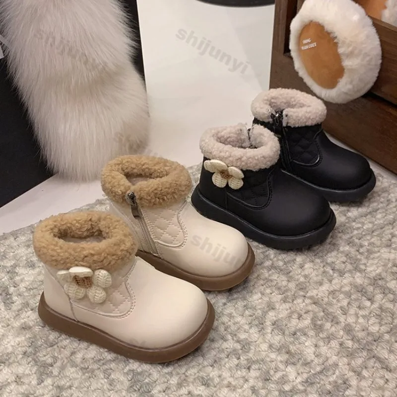 

Children Snow Boots Kids Ankle Boots Non-slip Zipper Soild Color 2025 Winter Girls Comfortable Warm Plush Flower Princess Boots
