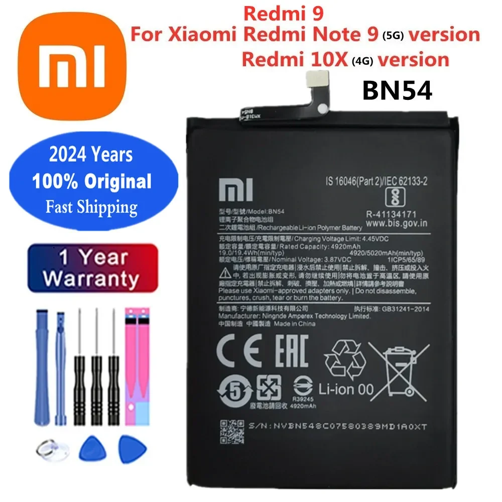 

2024 Years 100% Original Battery BN54 For Xiaomi Redmi Note 9 Note9 5G / Redmi 9 / Redmi 10X 4G Version 5020mAh Battery Bateria