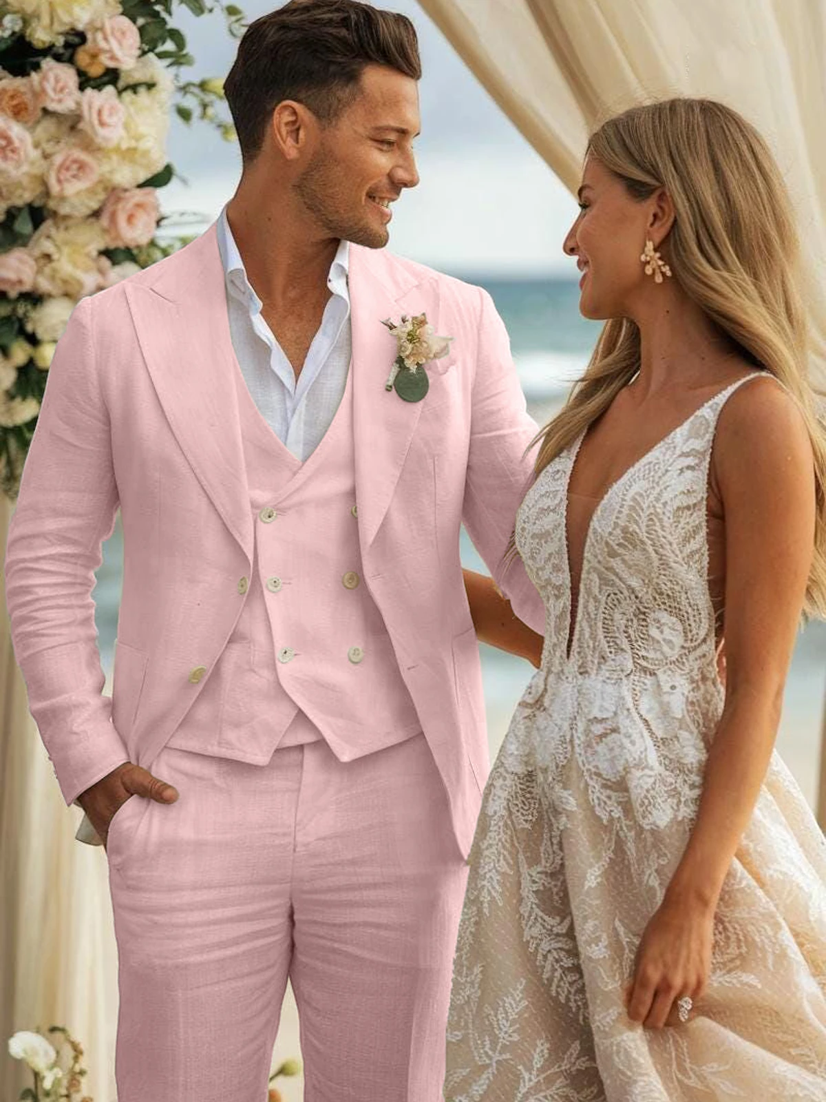 Summer Linen Wedding Suits for Men Slim Fit Peaked Lapel Solid TuxedoTrajes Para Hombre Terno Masculino Costume Homme Men Suits