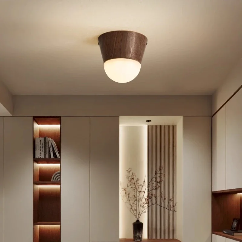 Luxury Walnut Wood Texture Corridor Ceiling Light Lamps for Balcony Aisle Stair Entrance Led Iron Indoor Lighting Fixture Simple