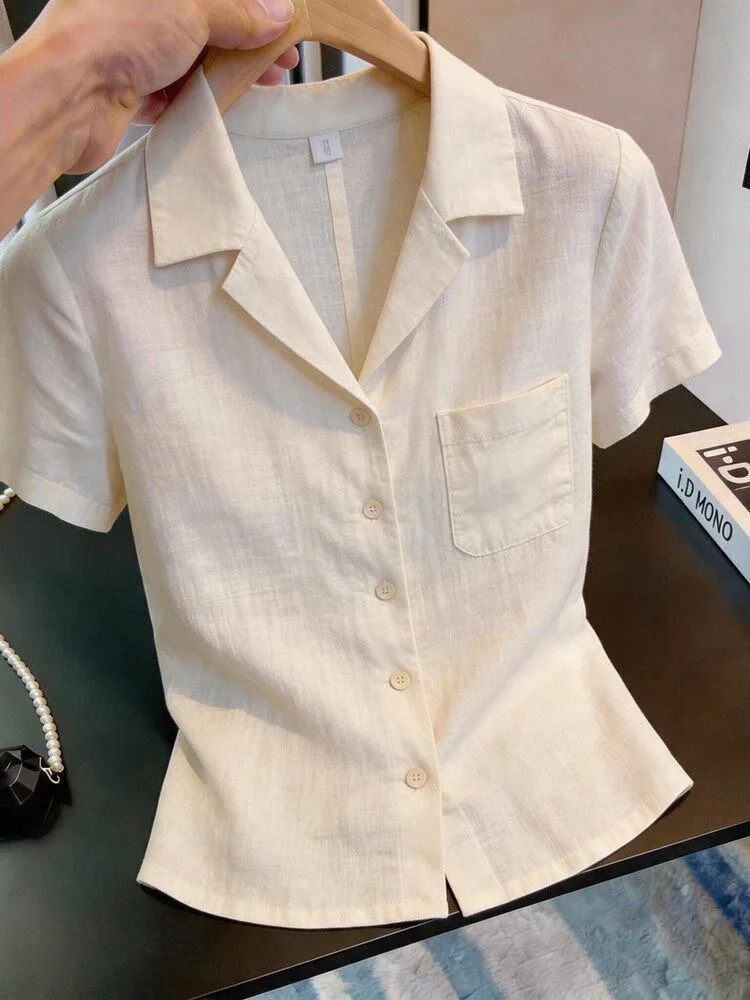 Slimming Effect Summer Short Sleeve Shirt for Women Commute Style Turn-down Collar Beige Single-button Fashionable Top