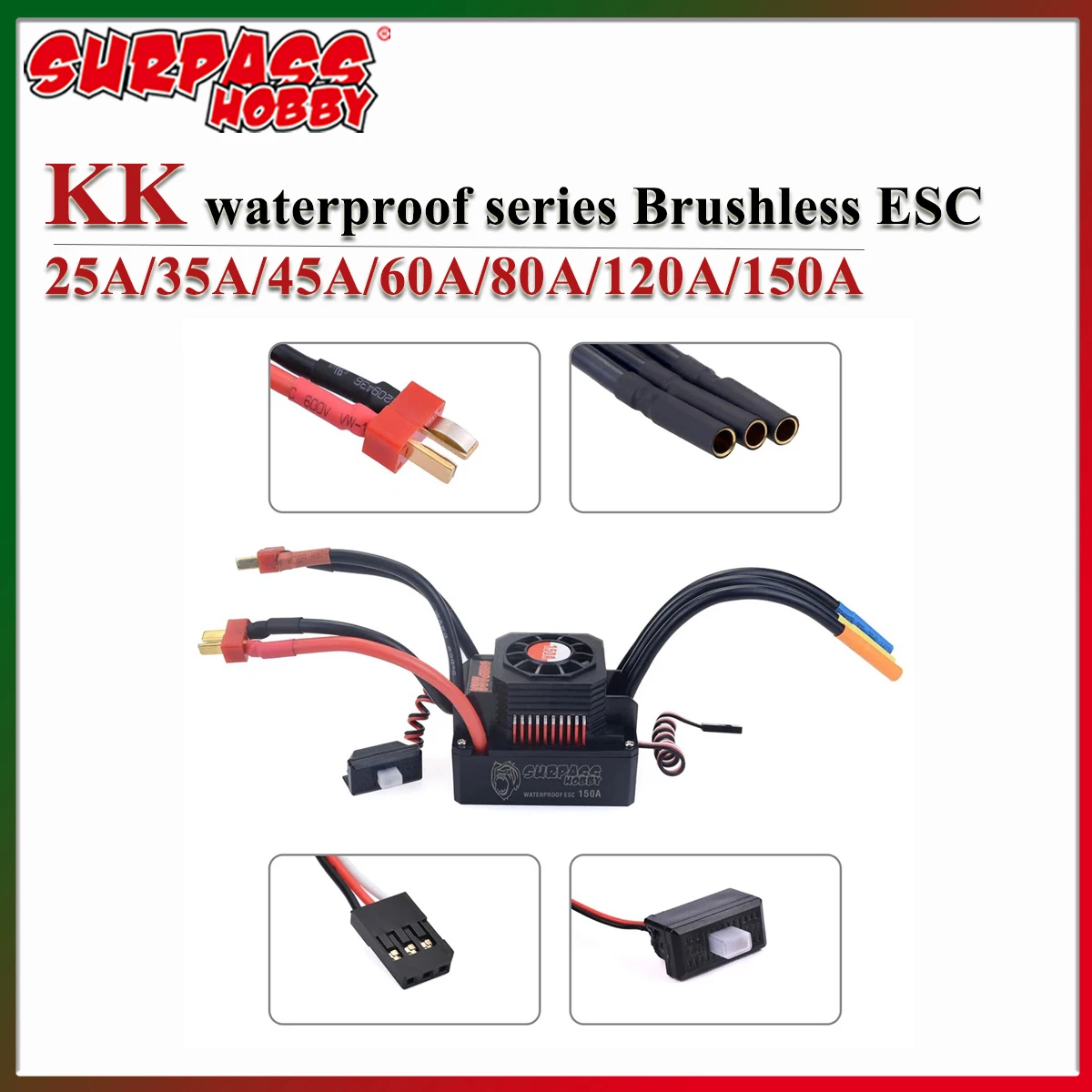 SURPASS HOBBY KK Brushless ESC 25A/35A/45A/60A/80A/120A/150A T Plug Waterproof for 1/8 1/10 1/12 1/14 1/16 1/20 RC Car Toy Motor