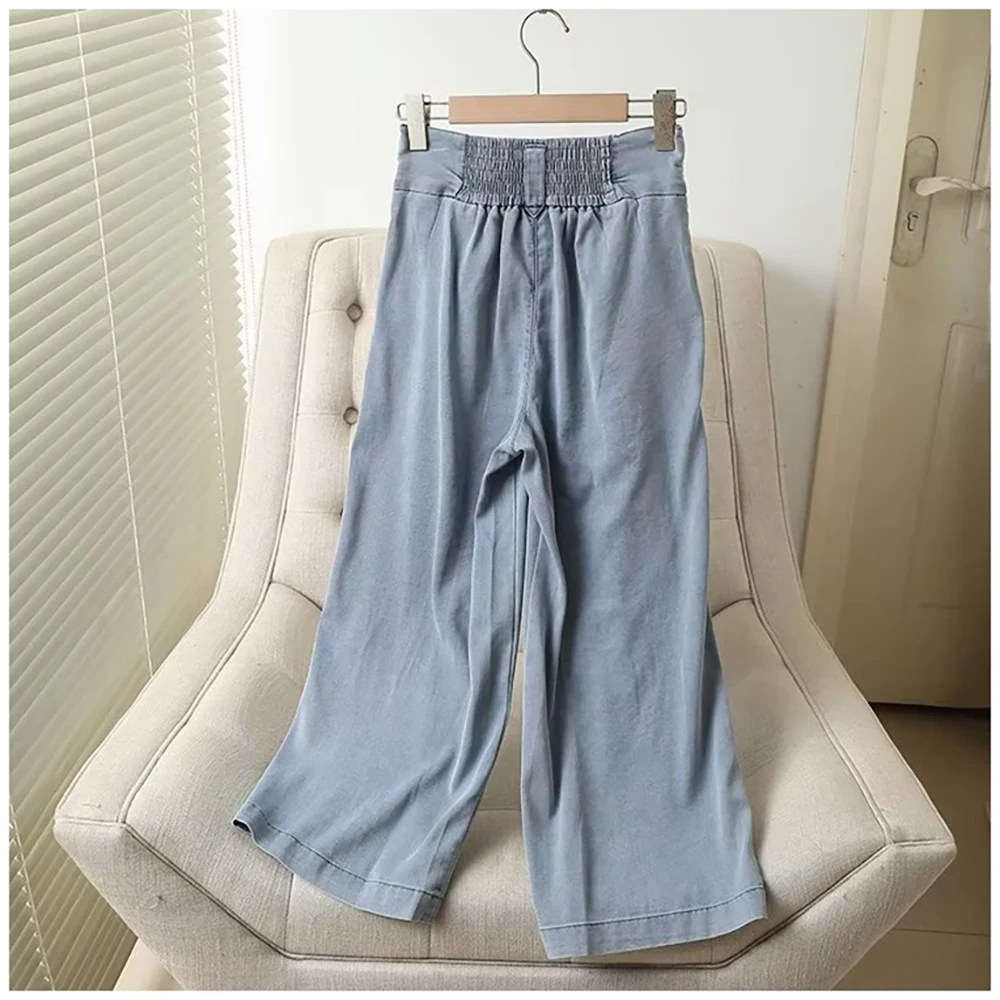 Jeans Sutra Es Tipis Wanita Bersirkulasi Celana Denim Kaki Lebar Pinggang Elastis Tiga Kancing Musim Panas 2025 Celana Jeans Biru Longgar Kasual