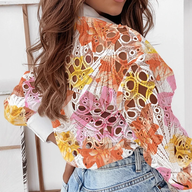 

Women's Fashion Lapel Collar Button Commuting Blouse 2025 Casual Long Sleeve Loose Tops Autumn Sexy Embroidery Hollow Out Shirt
