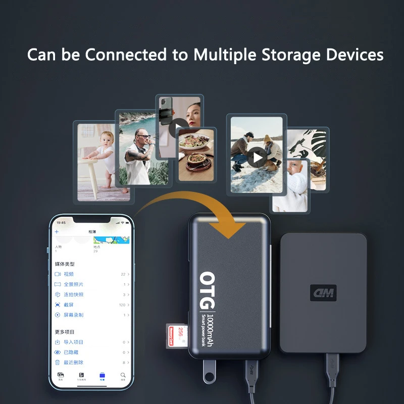 OTG Power Bank 10000mAh Portable Charger Powerbank for iPhone16 Xiaomi Samsung Huawei Spare Battery Poverbank Mobile OTG Adapter