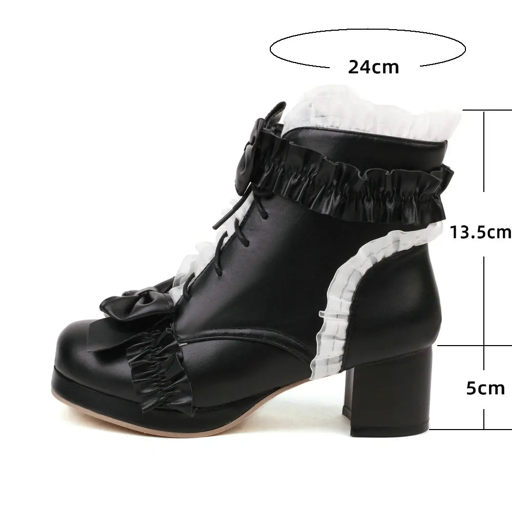 Autumn Winter Women Sweet Lolita Boots Side Zipper Lace Up Chunky Heels Round Toe Ankle Bow Pearl Cosplay Dress JK Uniform Shoes