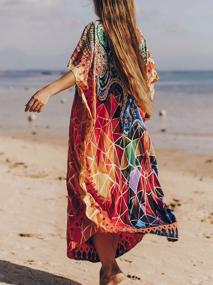 2025 Nieuwe Strand Cover-Ups Vrouwen Gewaad V-hals Lace Up Chic Gedrukt Strand Lange Jurk Plus Size Zomer Chic Mode badpak Cover Up