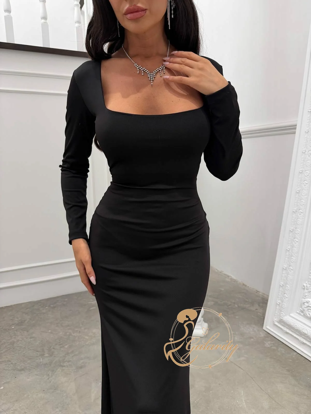 มิซิคูดส์ชุดเดรสออกงานแขนยาวสีดำ 2026 คอเหลี่ยม ผ้ารัดรูป ผูกเชือก ชุดเดรสสำหรับโอกาสพิเศษ ชุดราตรี ชุดงานเลี้ยง แบบสั่งตัด