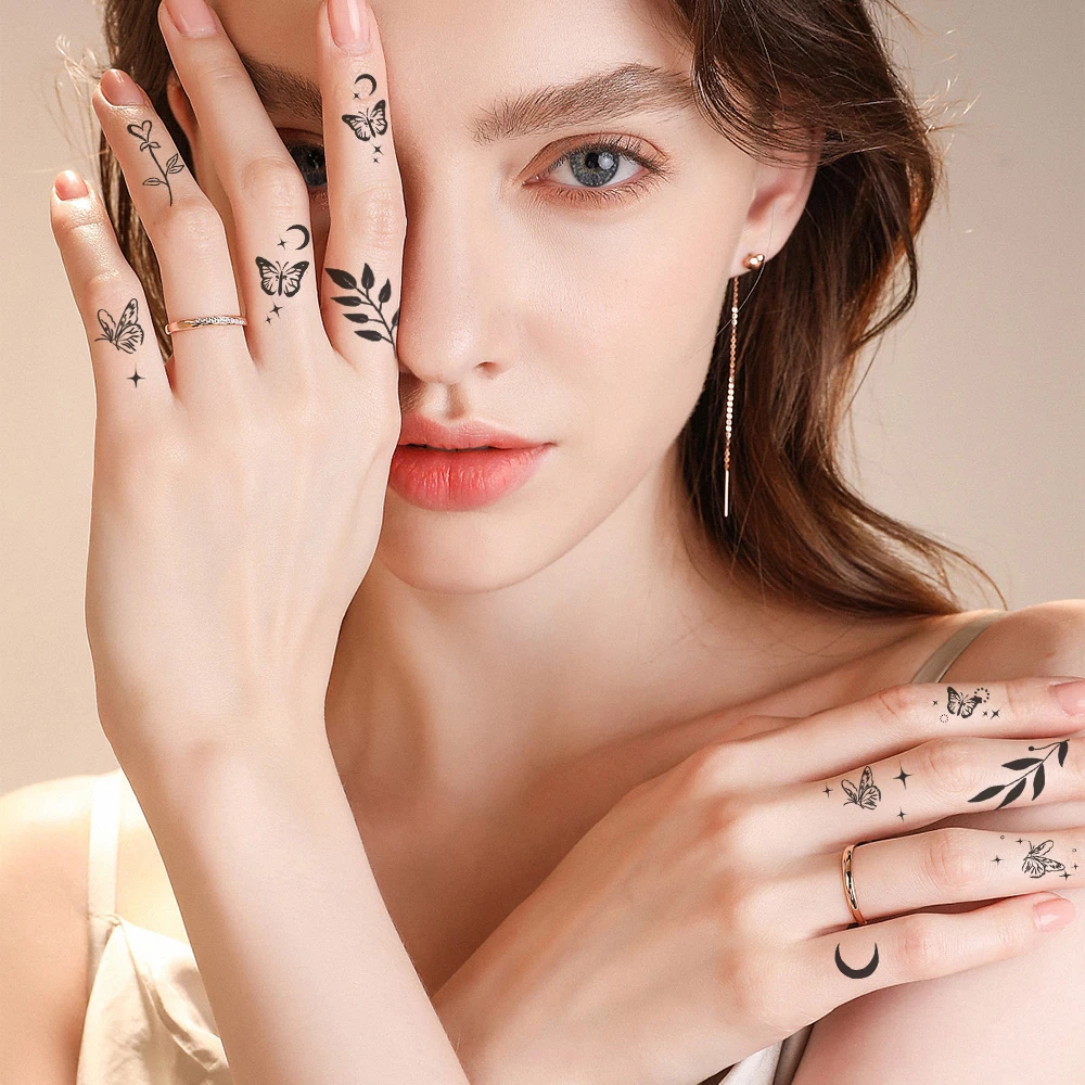 Small Tiny Temporary Tattoos For Women Finger Hands,10 Sheets Bulk Mini Cute Black Long Lasting Cartoon  Fake Tattoos
