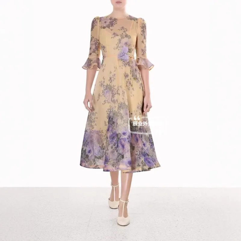 

Spring Summer New Australian Style Floral Print Organza Two Piece Dress Women Holiday Outfit