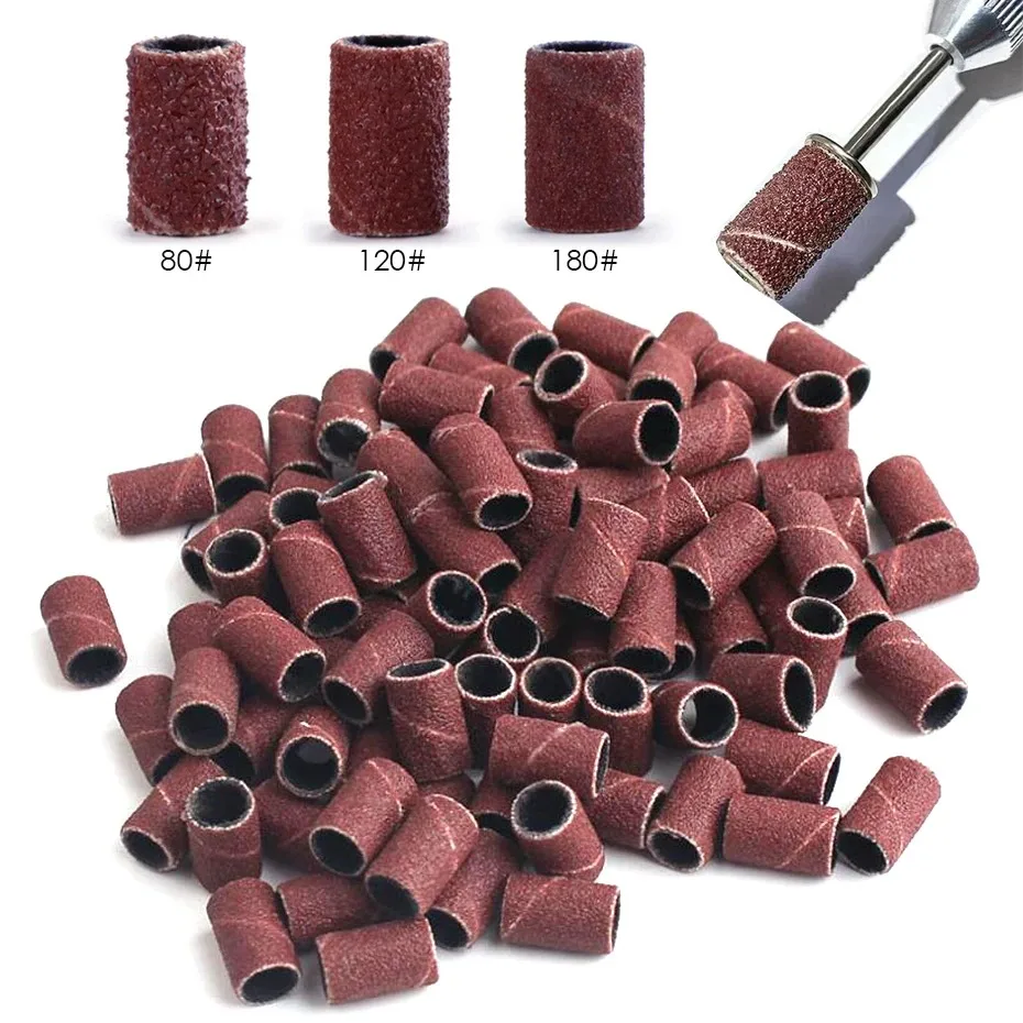 

100/50pc Sanding Cap Bands For Electric Manicure Machine 180/120/80 Grit Nail Drill Grinding Bit Files Pedicure Tool Set