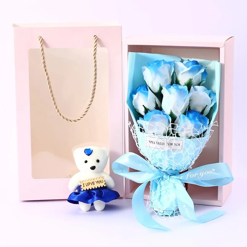Mini Rose Soap Flower Bouquet Toys Gift Box with Cute Bear Premium Soap Flower Gifts for Valentine's Day Birthday Festival Gifts