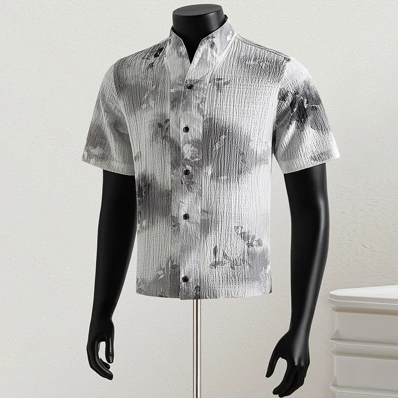 

2026 Summer Lyocell Stand Up Collar Shirt Men Pleated Jacquard Short Sleeved Men's Shirt Casual Business Social Office Shirts