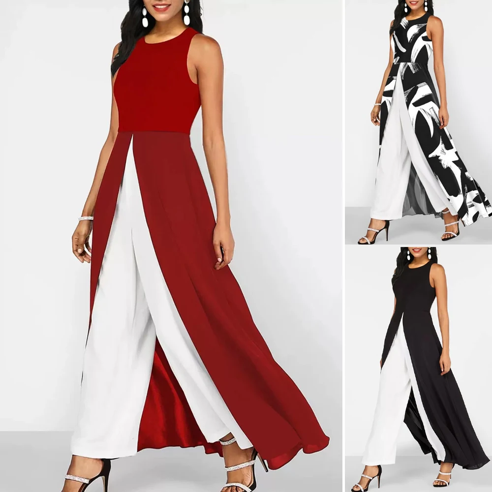 

MiaMuse Boutique Summer Jumpsuits 2025 Women's Fashion Contrast Color Sleeveless Crew Neck Full Length Wide Leg Jumpsuits