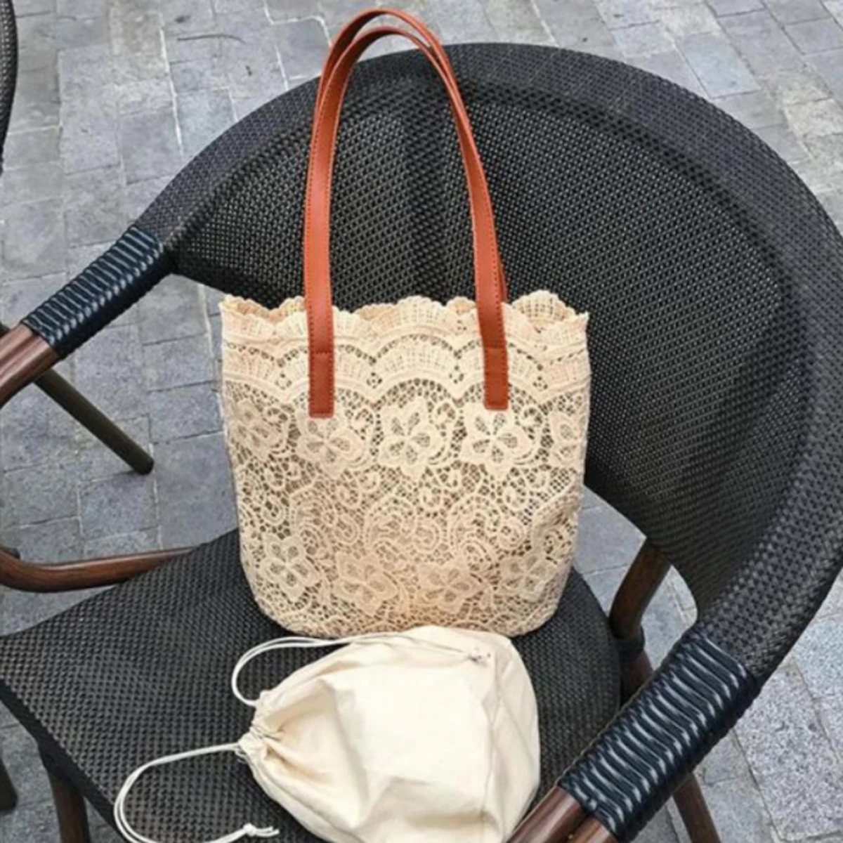 Borsa per la spesa a secchiello di grande capacità da donna in pizzo Mori versione coreana bella borsa a tracolla