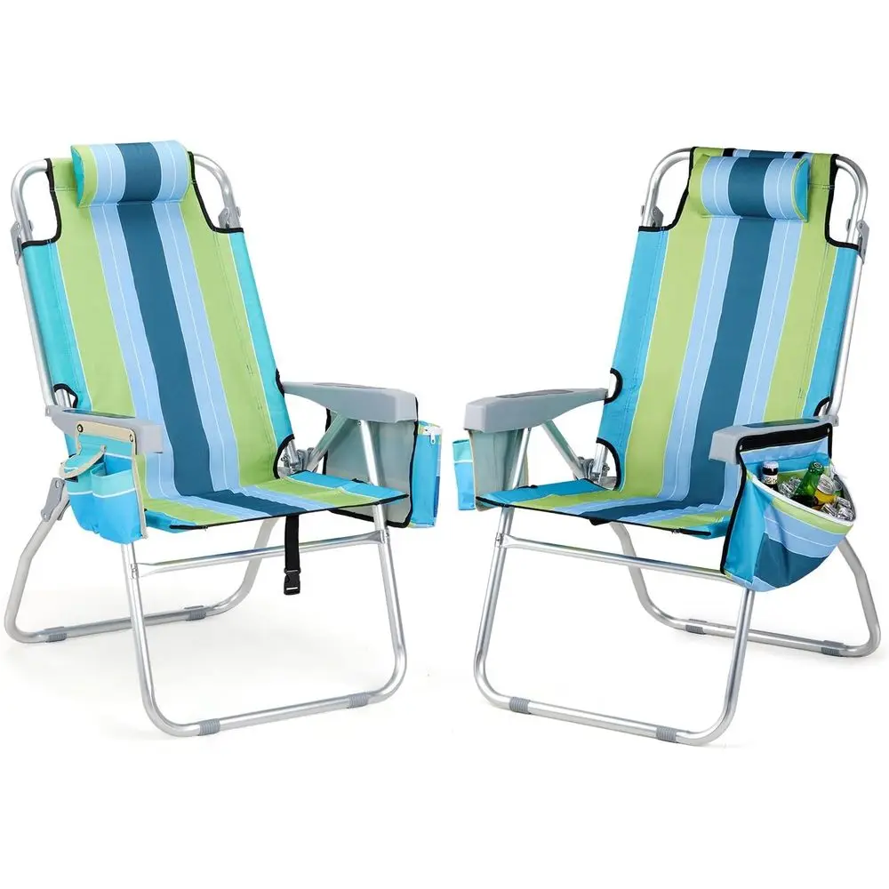 

2-Piece Tall Beach Chairs, 16 with 5-Position Recline, Cooler Bag, Cup Holders, Towel Bar, Lightweight Folding Chairs for Adults