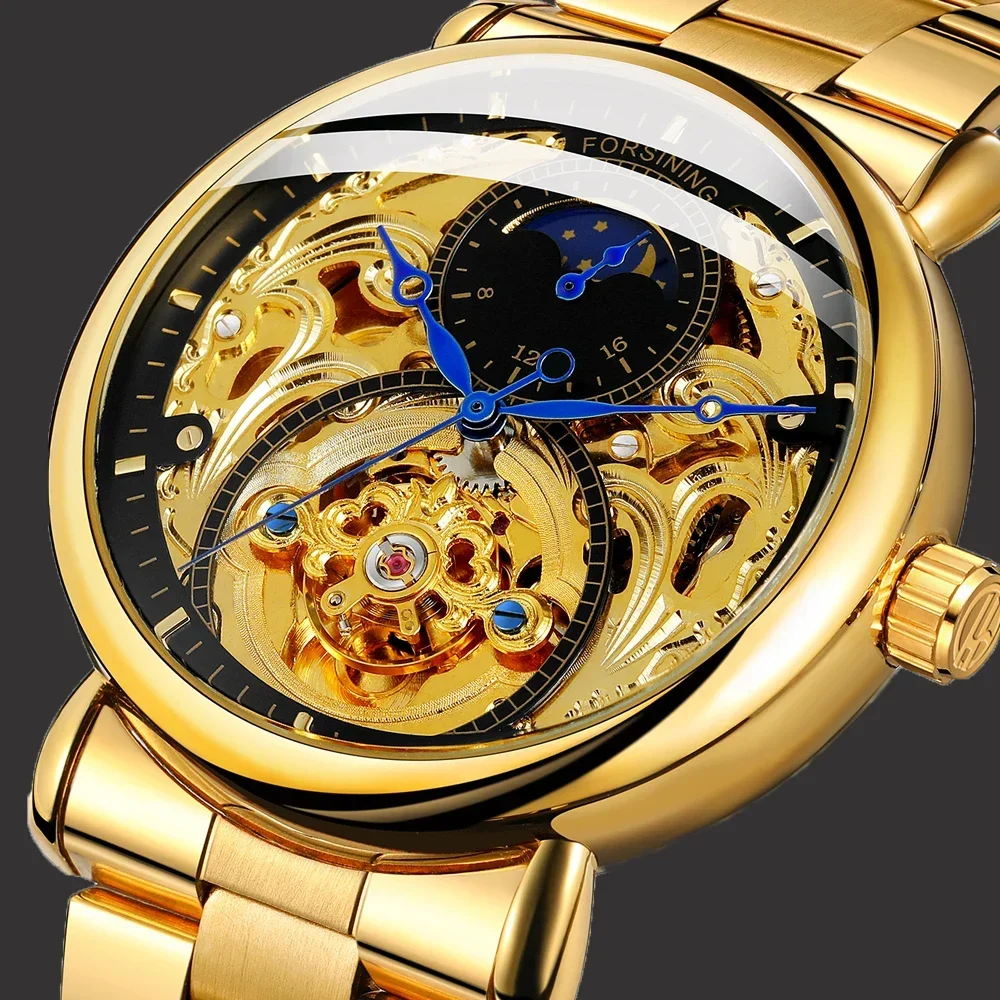 

Forsining Band брендовые роскошные мужские механические часы с турбийоном, золотые автоматические часы из нержавеющей стали, мужские часы со скелетом, модный дизайн