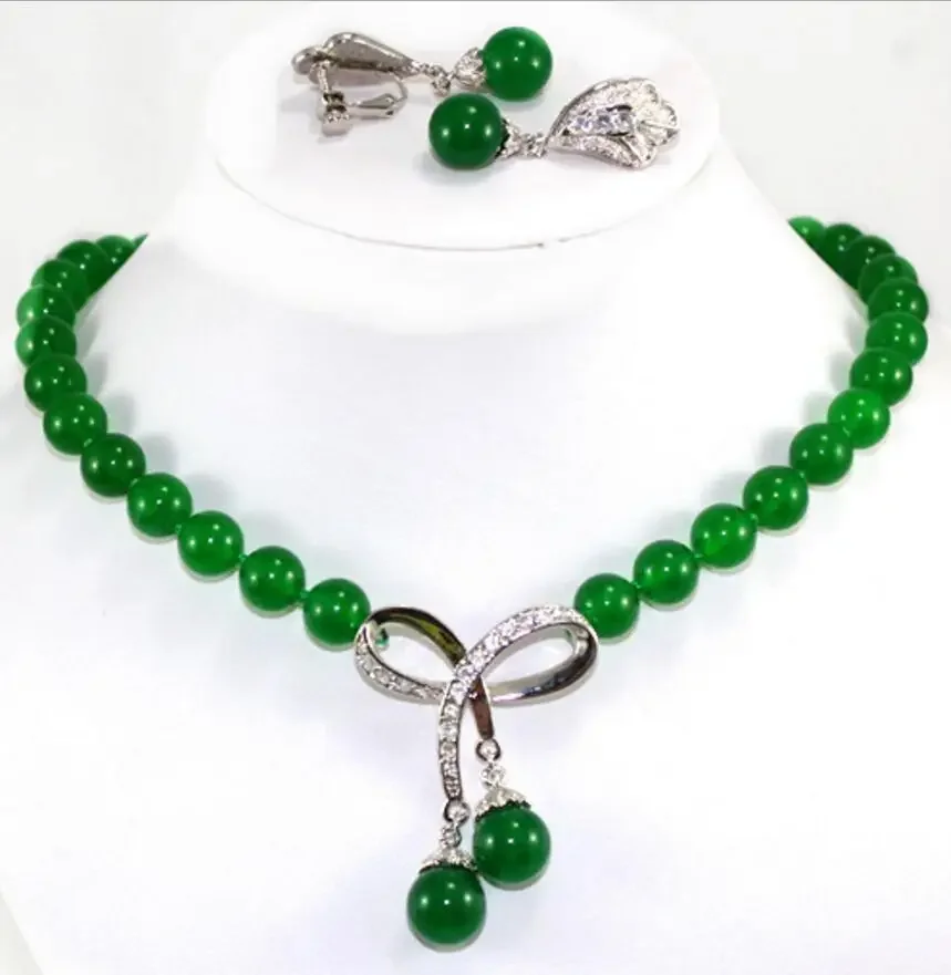 noblest 10mm green necklace 17 inch + pendant & earrings set