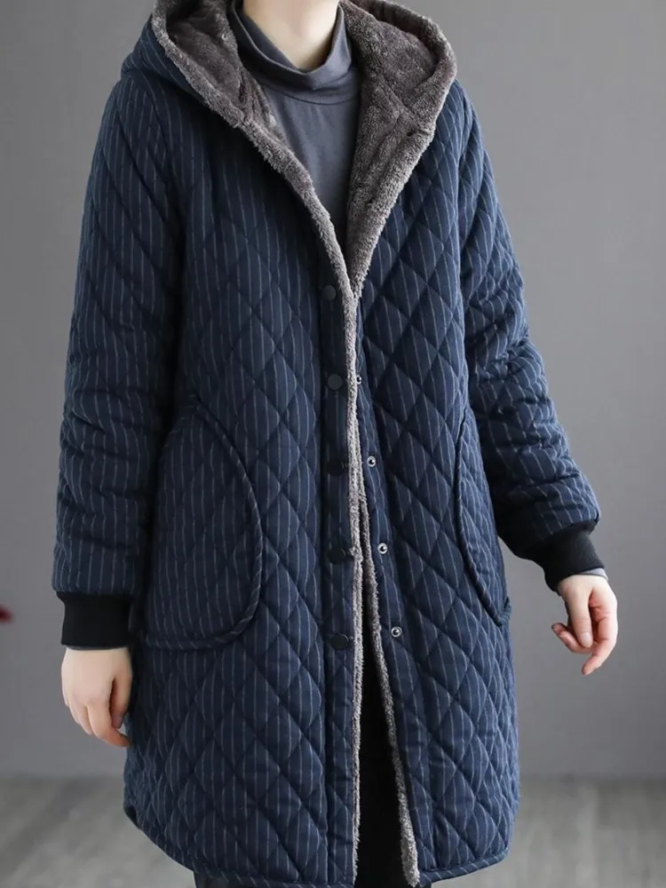 Oversized Winter Cotton Furry Hoodies Long Coat Women Casual Loose Modis Ladies Jackets Striped  Print Woman Jackets Coats 2023