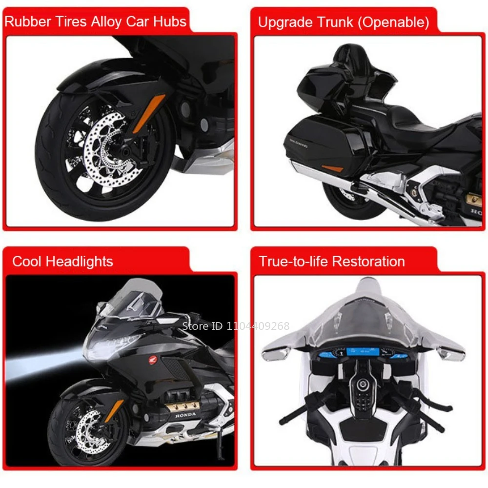 1:9 혼다 GL1800 CBR1000 오토바이 모형 장난감 금속 바디 접이식 삼각대 충격 흡수 모터 모델 홈 장식