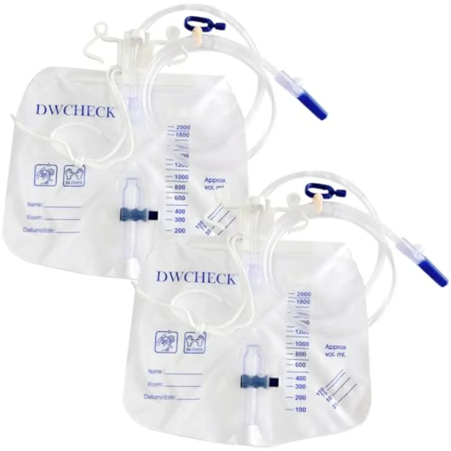 

2 Pack Urinary Drainage Bag with Anti-Reflux Chamber, 2000mL Urine Bags with 48" Tube Drainage, Splash-Resistant Drain Spout, C