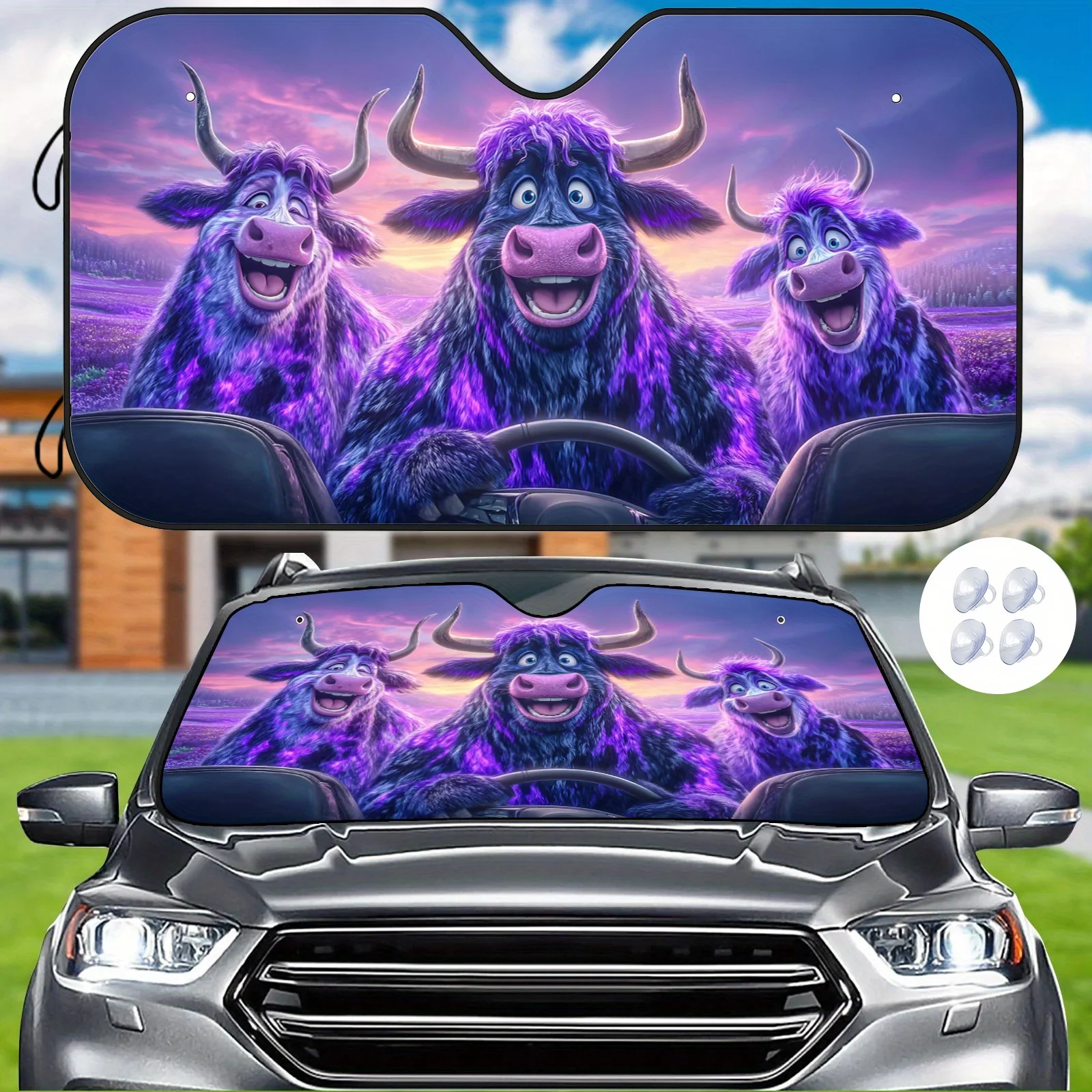 The Adorable Purple Cow Car Sunshade Features A Cheerful Design Of A Purple Yak, Providing Heat Insulation And Durability To Mai