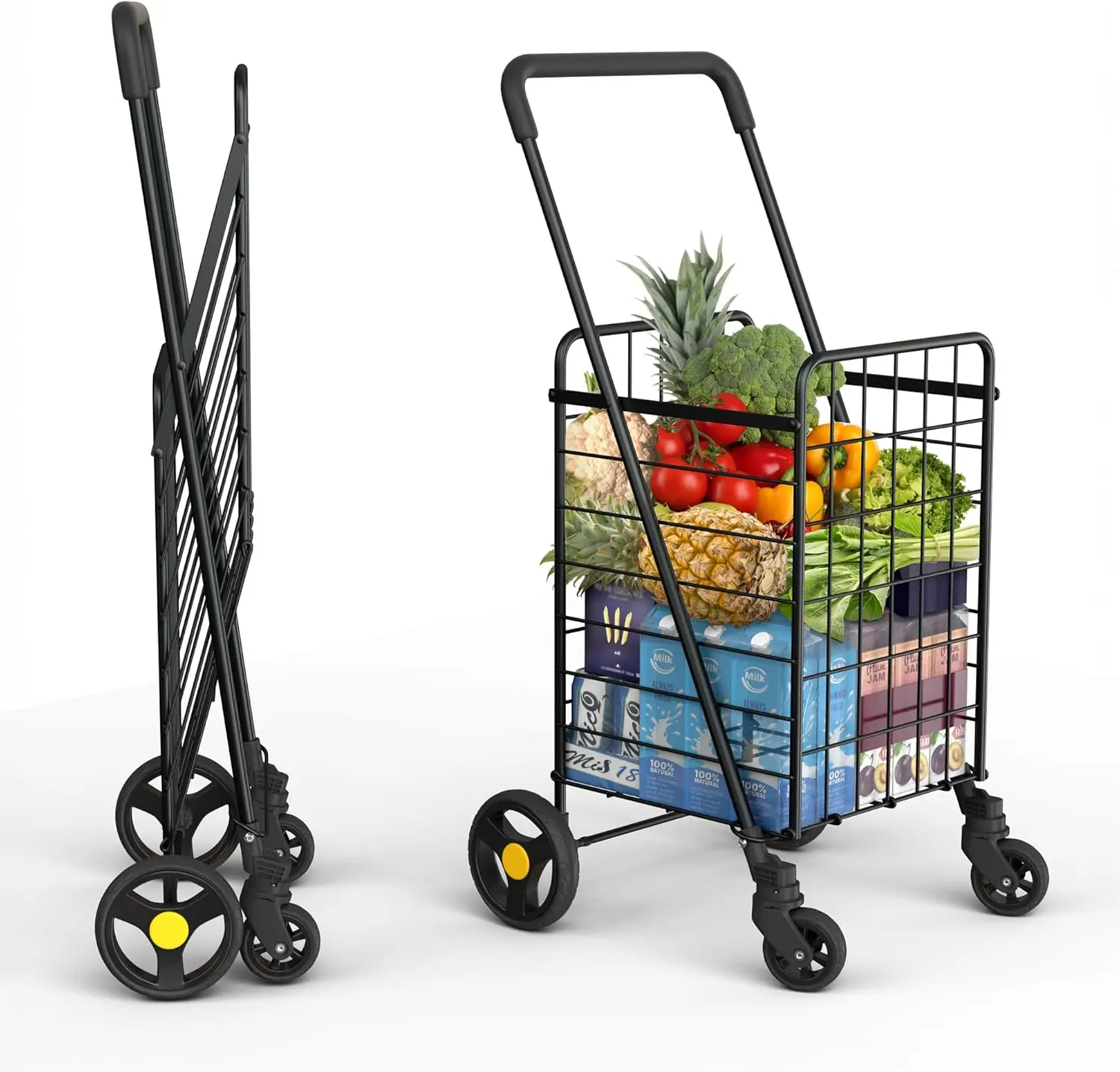 

Foldable Shopping Cart with 360° Swivel Wheels, Lightweight & Collapsible, Perfect for Groceries & Laundry - Black